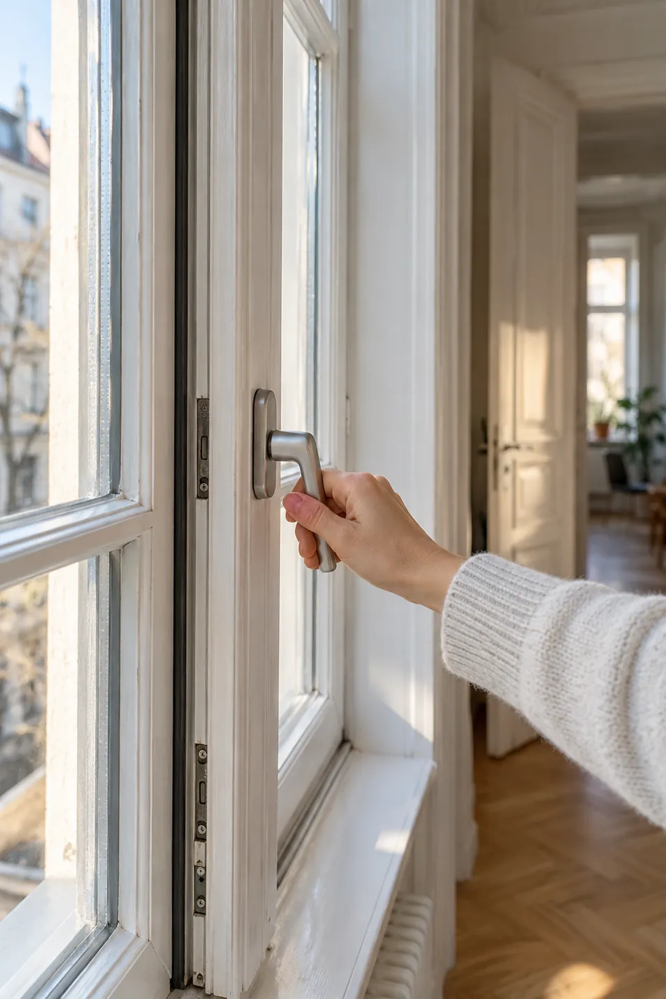 Hand schließt den Griff eines hohen weißen Holzfensters in einer hellen Berliner Altbauwohnung