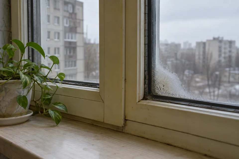 Altes vergilbtes Kunststofffenster mit beschlagener Scheibe und rissigen Dichtungen