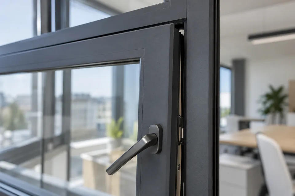 Aluminiumfenster, dessen Flügel oben einen Spalt offen bleibt