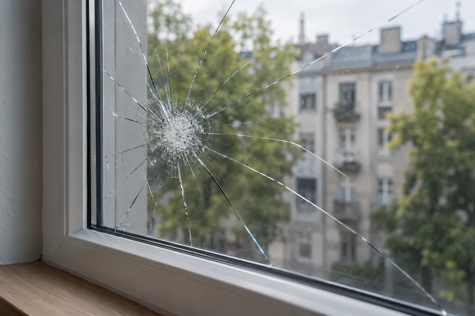 Gesprungene Fensterscheibe mit sternförmigem Riss in einem weißen Fenster