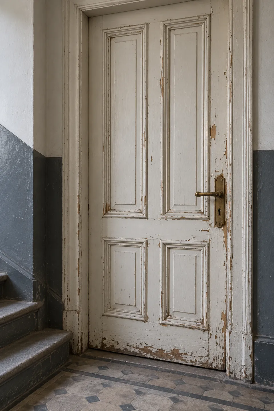 Alte Kassettentür im Altbau mit abblätternder, vergilbter Farbe