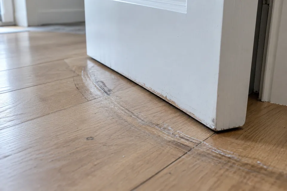 Kratzspuren auf dem Holzboden unter einer schleifenden Innentür